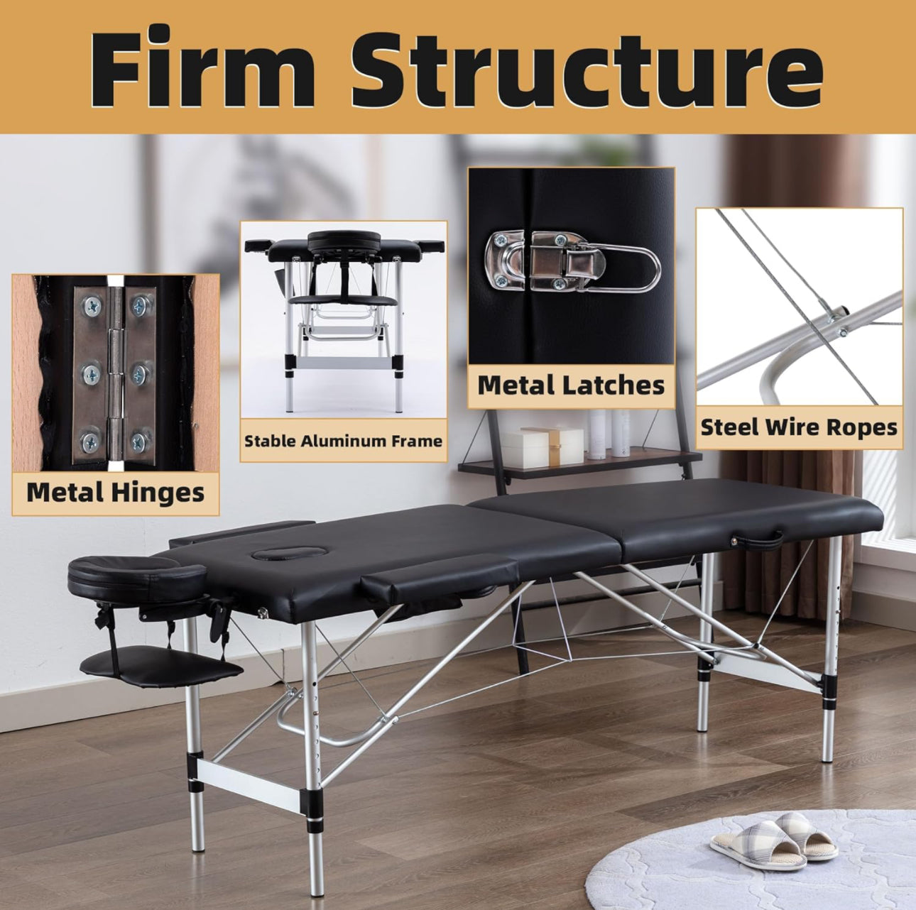 Massage Table Massage Bed Portable, 26 LBs Light Weight 2 Section Foldable Tattoo Bed Facial Care Spa Lash Bed Height Adjustable Sturdy Aluminum Frame with Accessories Carrying Bag, Black