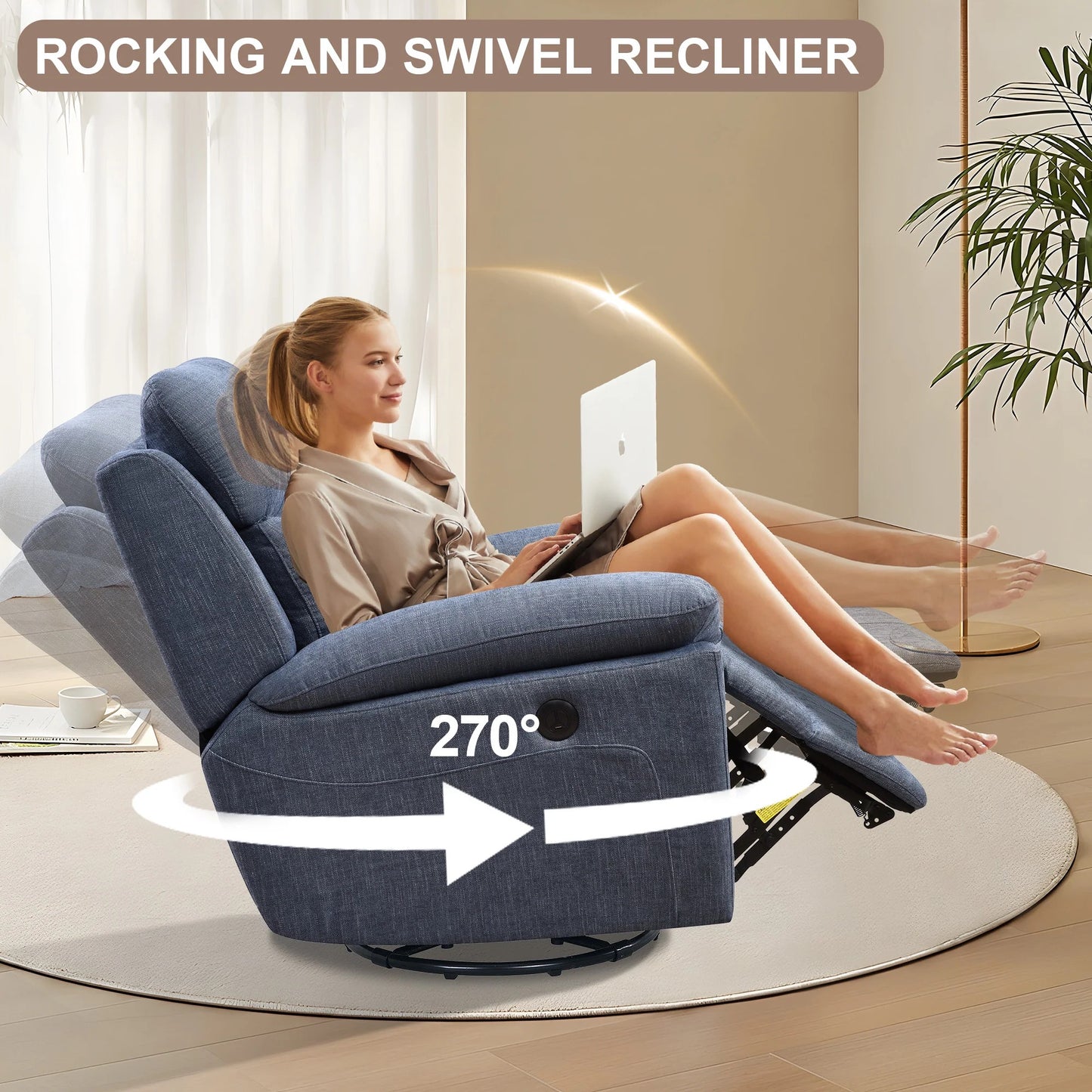 Recliner Chair for Adults, Ergonomic 270 Degree Swivel Electric Powered Recliner, Adjustable Modern Swivel Chair with Thick Seat Cushion and Backrest for Living Room, Bedroom, Nursery (Navy Blue)