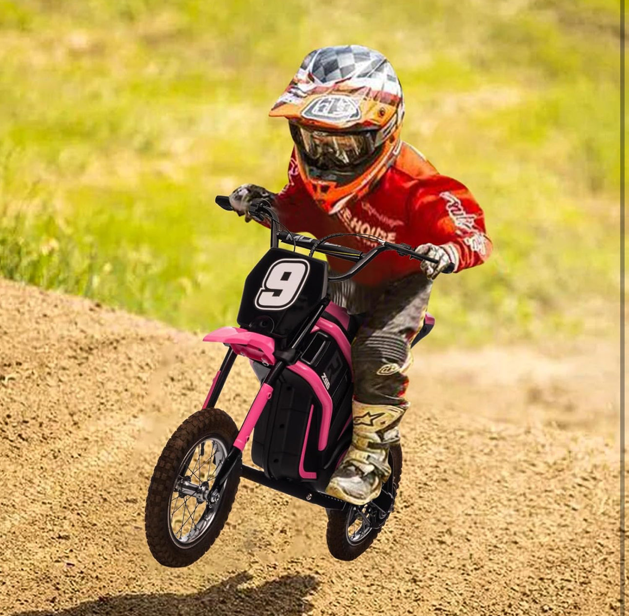 Hetoy 24V Electric Dirt Bike for Kids, 350W Kids Electric Motorcycle, Up to 14.29 MPH, 2-Speed Modes