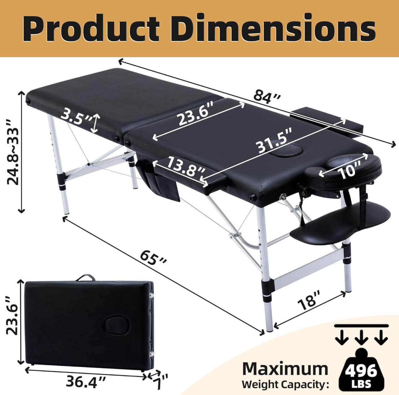 Massage Table Massage Bed Portable, 26 LBs Light Weight 2 Section Foldable Tattoo Bed Facial Care Spa Lash Bed Height Adjustable Sturdy Aluminum Frame with Accessories Carrying Bag, Black