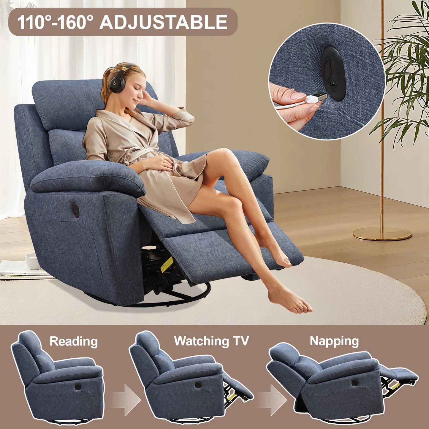 Recliner Chair for Adults, Ergonomic 270 Degree Swivel Electric Powered Recliner, Adjustable Modern Swivel Chair with Thick Seat Cushion and Backrest for Living Room, Bedroom, Nursery (Navy Blue)