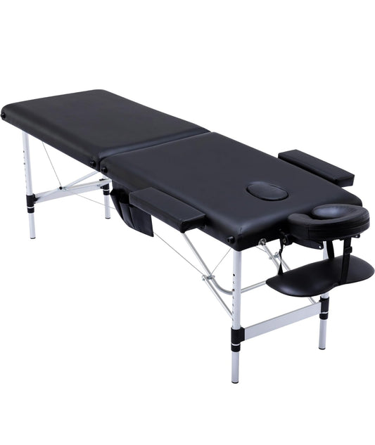 Massage Table Massage Bed Portable, 26 LBs Light Weight 2 Section Foldable Tattoo Bed Facial Care Spa Lash Bed Height Adjustable Sturdy Aluminum Frame with Accessories Carrying Bag, Black