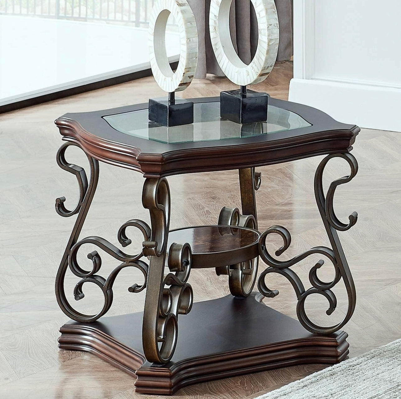 End Table, Coffee table, Glass Table Top, MDF W/Marble Paper Middle Shelf, Finish Metal Legs