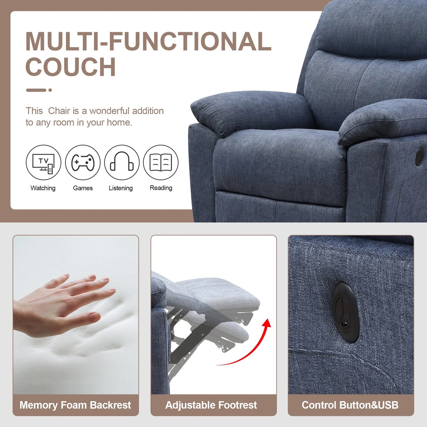 Recliner Chair for Adults, Ergonomic 270 Degree Swivel Electric Powered Recliner, Adjustable Modern Swivel Chair with Thick Seat Cushion and Backrest for Living Room, Bedroom, Nursery (Navy Blue)