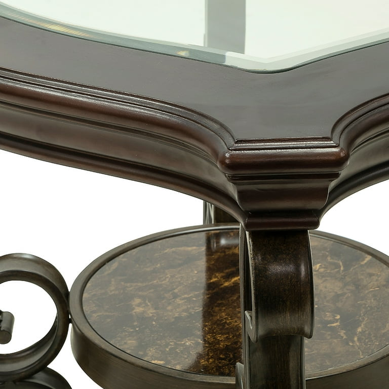 End Table, Coffee table, Glass Table Top, MDF W/Marble Paper Middle Shelf, Finish Metal Legs