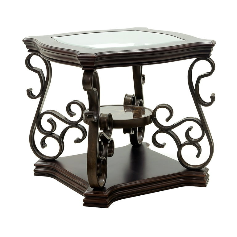 End Table, Coffee table, Glass Table Top, MDF W/Marble Paper Middle Shelf, Finish Metal Legs