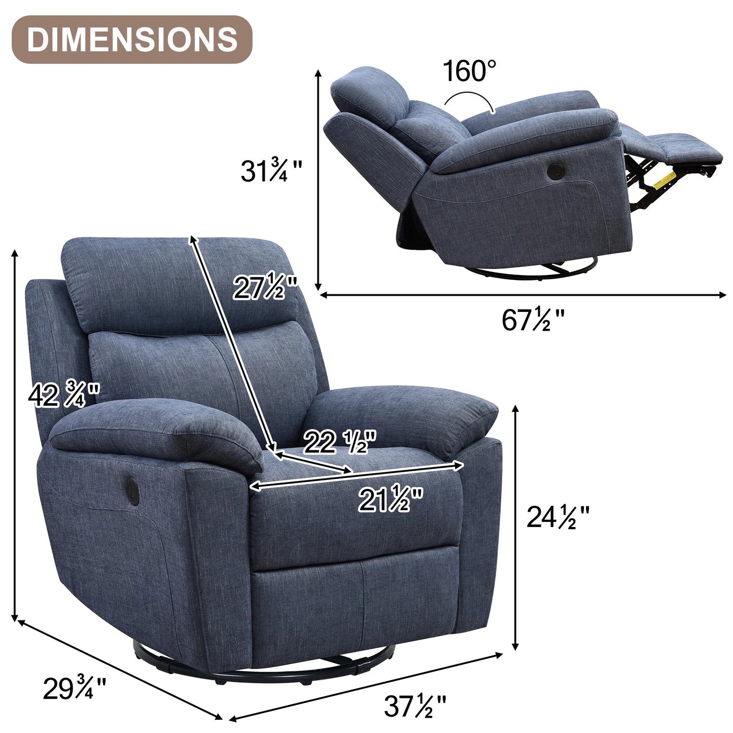 Recliner Chair for Adults, Ergonomic 270 Degree Swivel Electric Powered Recliner, Adjustable Modern Swivel Chair with Thick Seat Cushion and Backrest for Living Room, Bedroom, Nursery (Navy Blue)