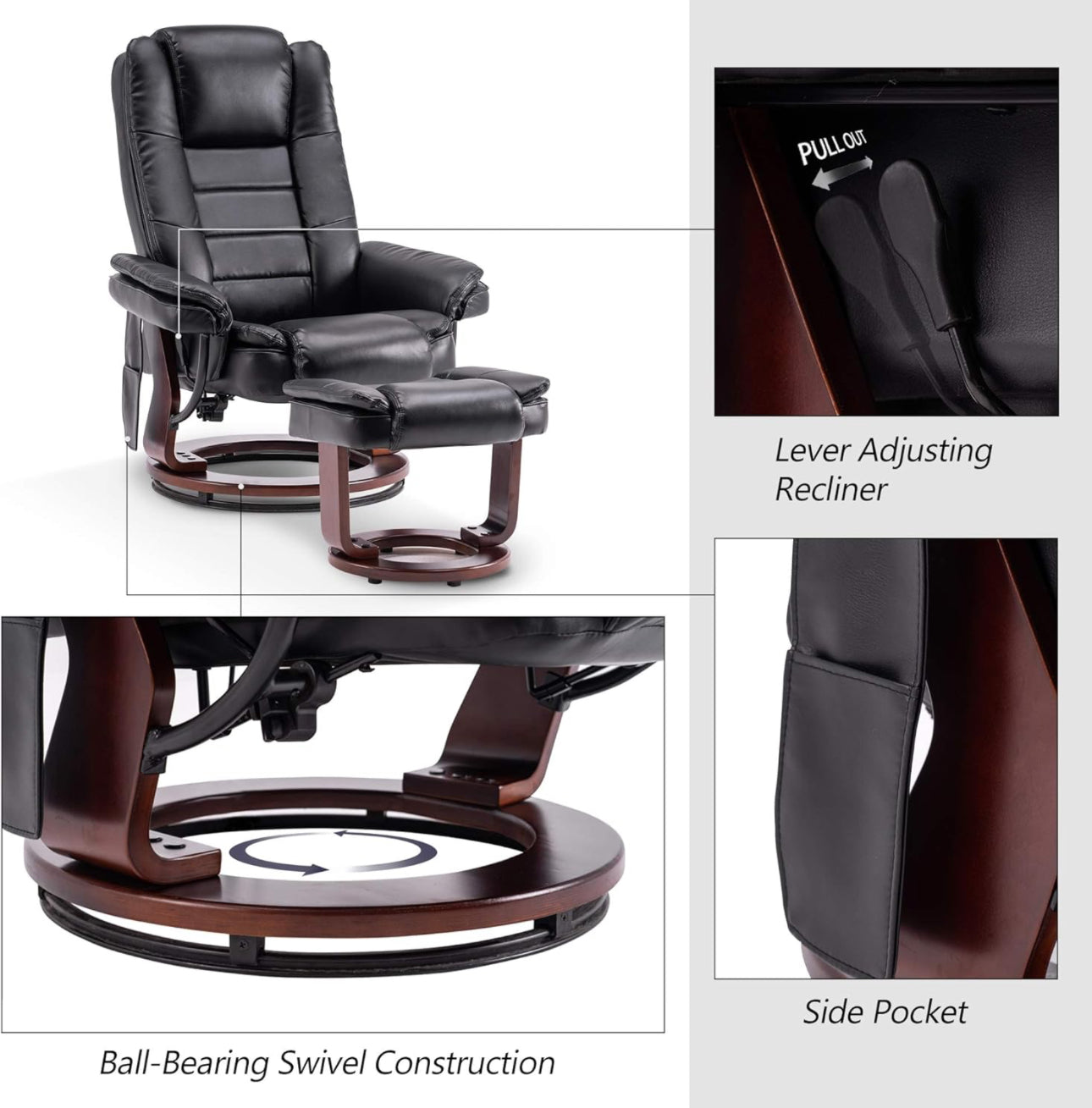 Mcombo Recliner with Ottoman Chair Accent Recliner Chair with Vibration Massage, Lumbar Pillow, 360 Degree Swivel Wood Base, Faux Leather -New in Box