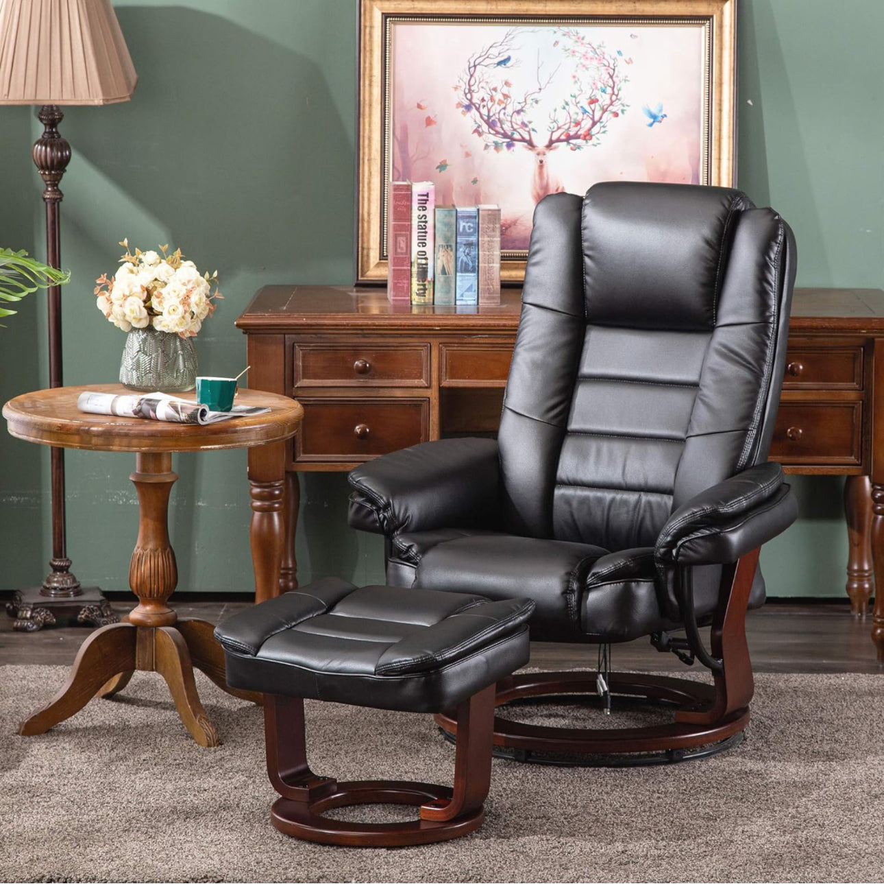 Mcombo Recliner with Ottoman Chair Accent Recliner Chair with Vibration Massage, Lumbar Pillow, 360 Degree Swivel Wood Base, Faux Leather -New in Box