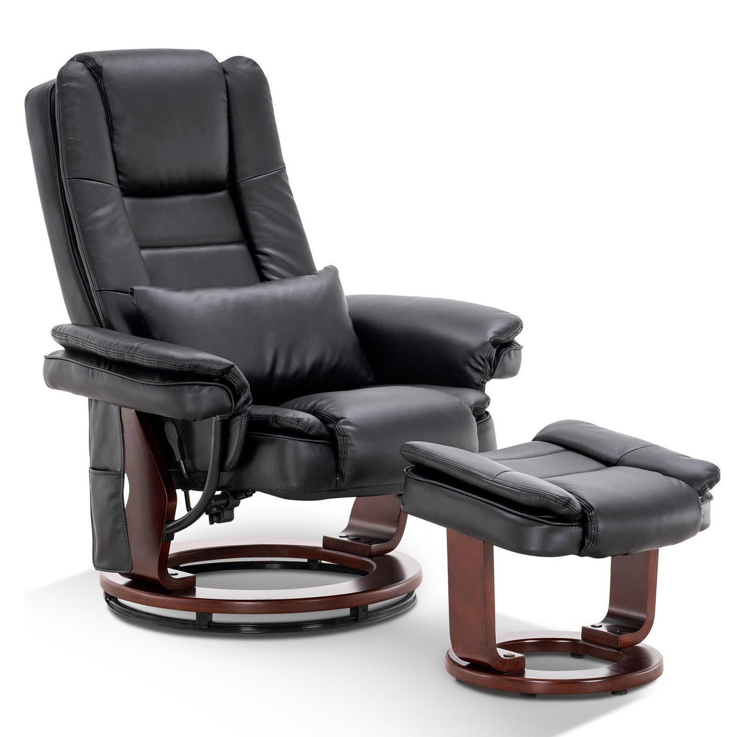 Mcombo Recliner with Ottoman Chair Accent Recliner Chair with Vibration Massage, Lumbar Pillow, 360 Degree Swivel Wood Base, Faux Leather -New in Box