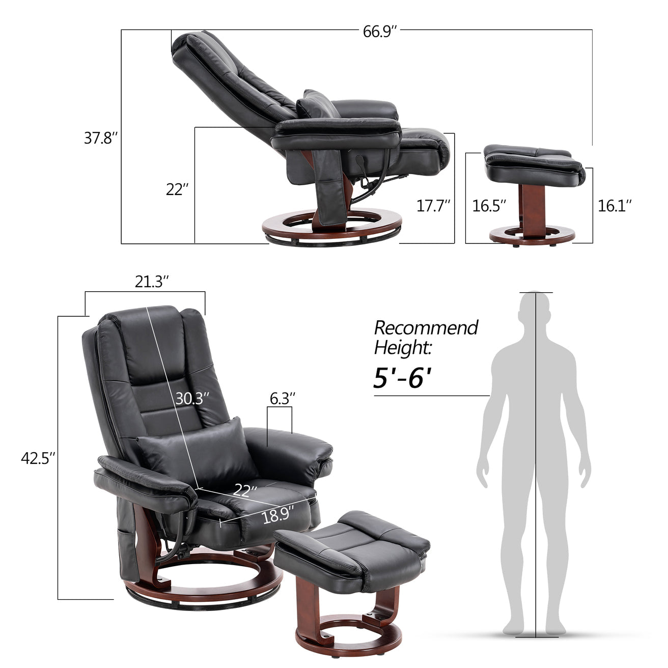 Mcombo Recliner with Ottoman Chair Accent Recliner Chair with Vibration Massage, Lumbar Pillow, 360 Degree Swivel Wood Base, Faux Leather -New in Box