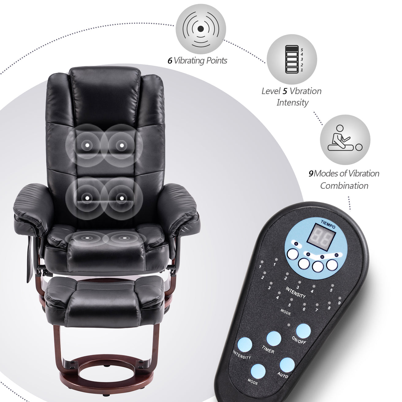 Mcombo Recliner with Ottoman Chair Accent Recliner Chair with Vibration Massage, Lumbar Pillow, 360 Degree Swivel Wood Base, Faux Leather -New in Box