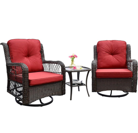 Outdoor Swivel Rocker Patio Chairs Sets of 2 and Matching Side Table - 3 Piece Wicker Patio Bistro Set with Premium Fabric Cushion (Red)