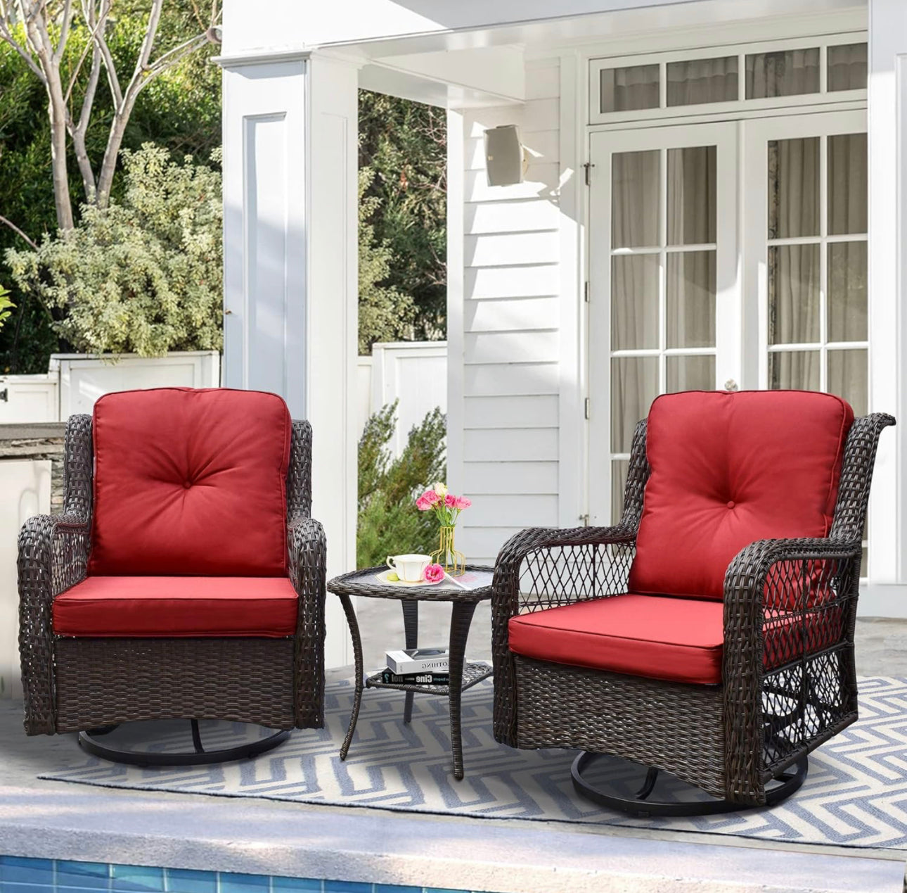 Outdoor Swivel Rocker Patio Chairs Sets of 2 and Matching Side Table - 3 Piece Wicker Patio Bistro Set with Premium Fabric Cushion (Red)