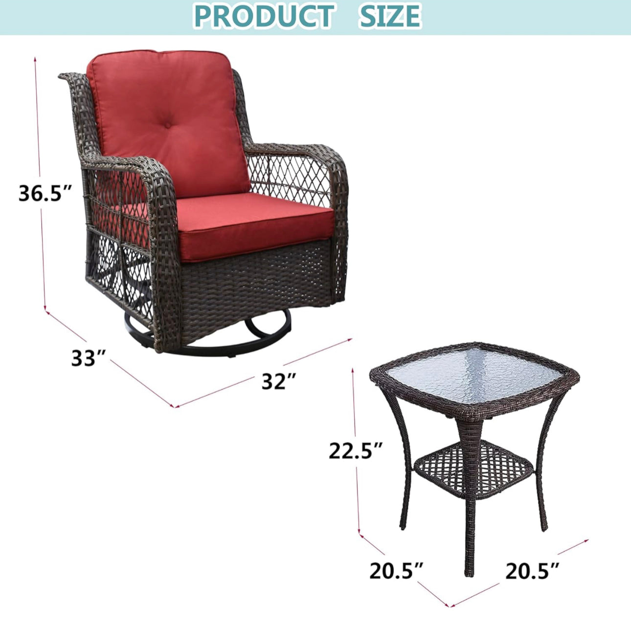 Outdoor Swivel Rocker Patio Chairs Sets of 2 and Matching Side Table - 3 Piece Wicker Patio Bistro Set with Premium Fabric Cushion (Red)