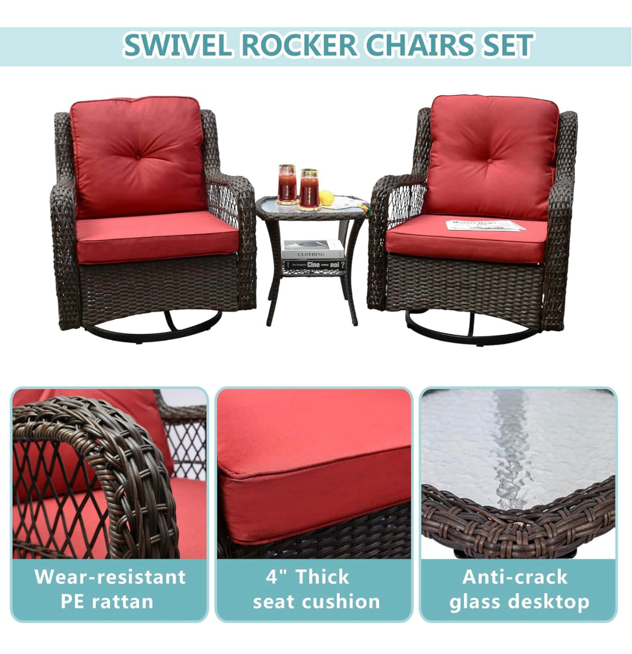 Outdoor Swivel Rocker Patio Chairs Sets of 2 and Matching Side Table - 3 Piece Wicker Patio Bistro Set with Premium Fabric Cushion (Red)